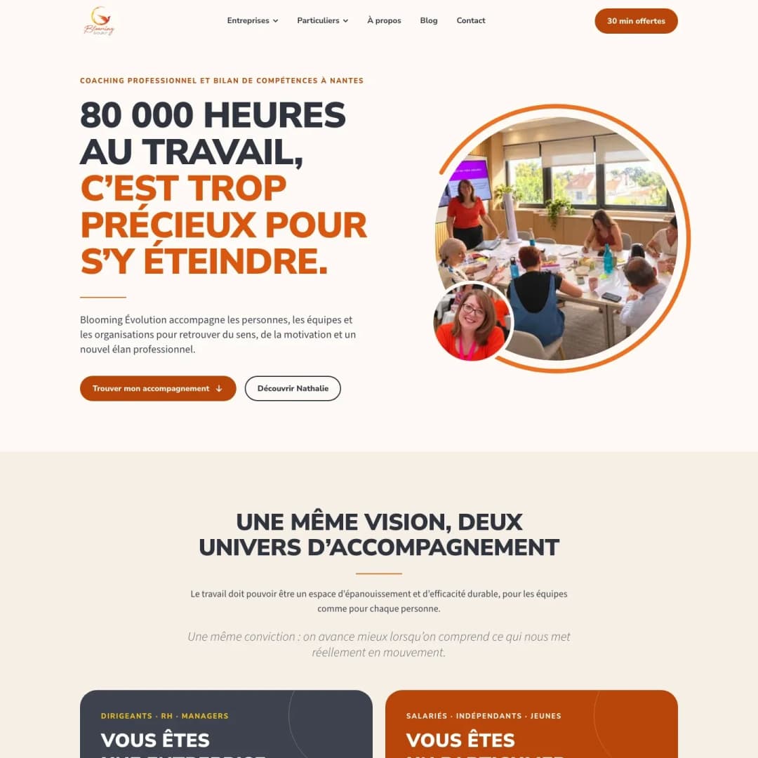 Le site de Blooming Evolution, la page d’accueil sur ordinateur, partie 1 sur 5.