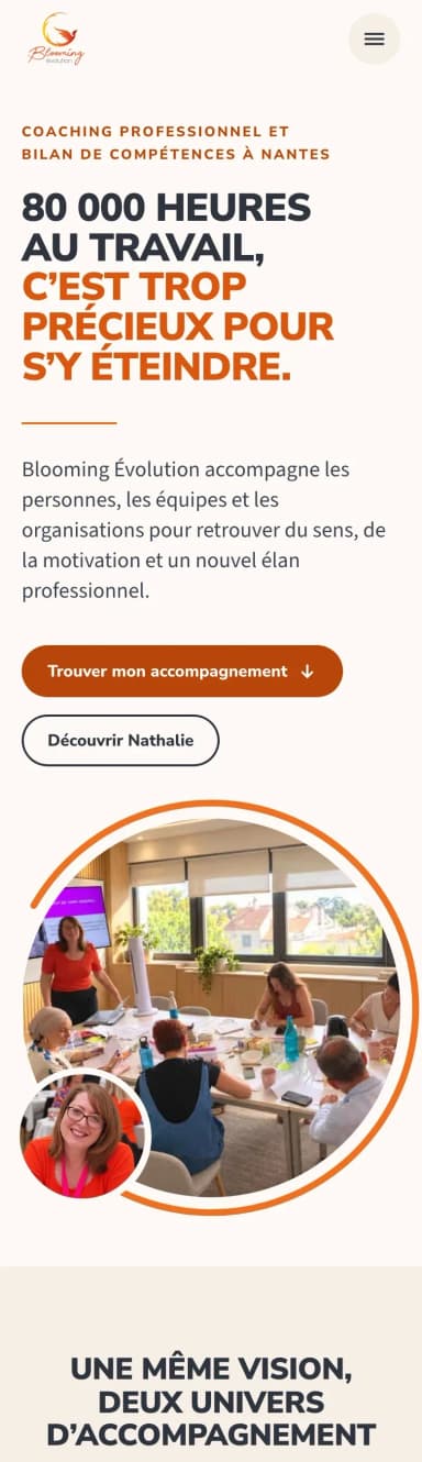 Le site de Blooming Evolution, la page d’accueil sur téléphone, partie 1 sur 5.