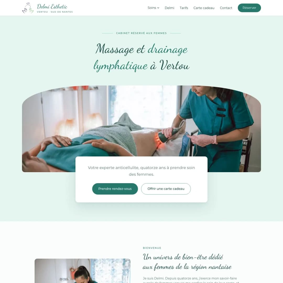 Le site de Delmi Esthetic, la page d’accueil sur ordinateur, partie 1 sur 5.