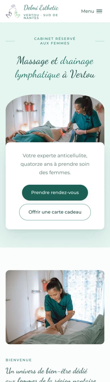Le site de Delmi Esthetic, la page d’accueil sur téléphone, partie 1 sur 5.