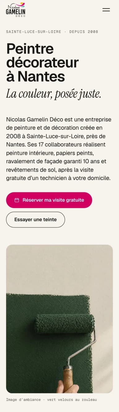 La maquette du site de Nicolas Gamelin Déco, la page d’accueil sur téléphone, partie 1 sur 5.