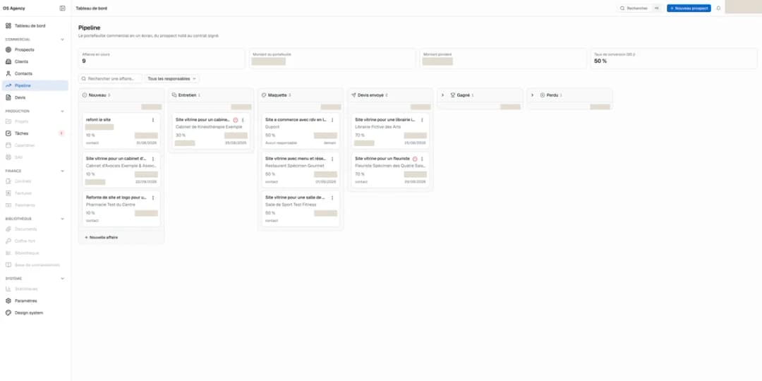 OS Agency : le tableau des affaires en cours, de « nouveau » à « gagné » (données de démonstration).