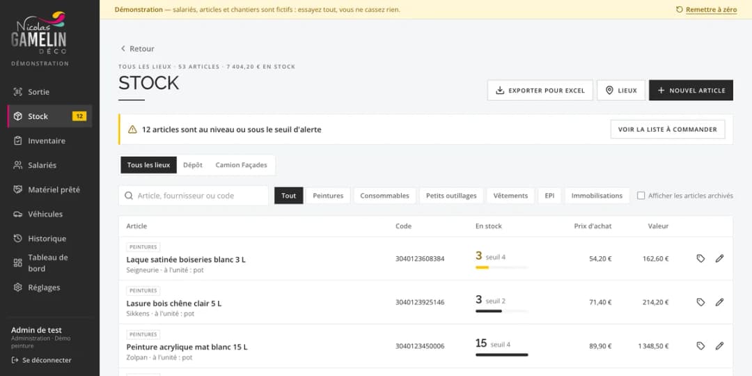 Le scanner de stock : la liste des articles, leur quantité en stock, leur seuil d’alerte et leur valeur (données de démonstration).