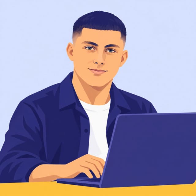 Timothée Vrigneau, responsable technique d’Atout Point Com, dessiné devant son ordinateur portable.