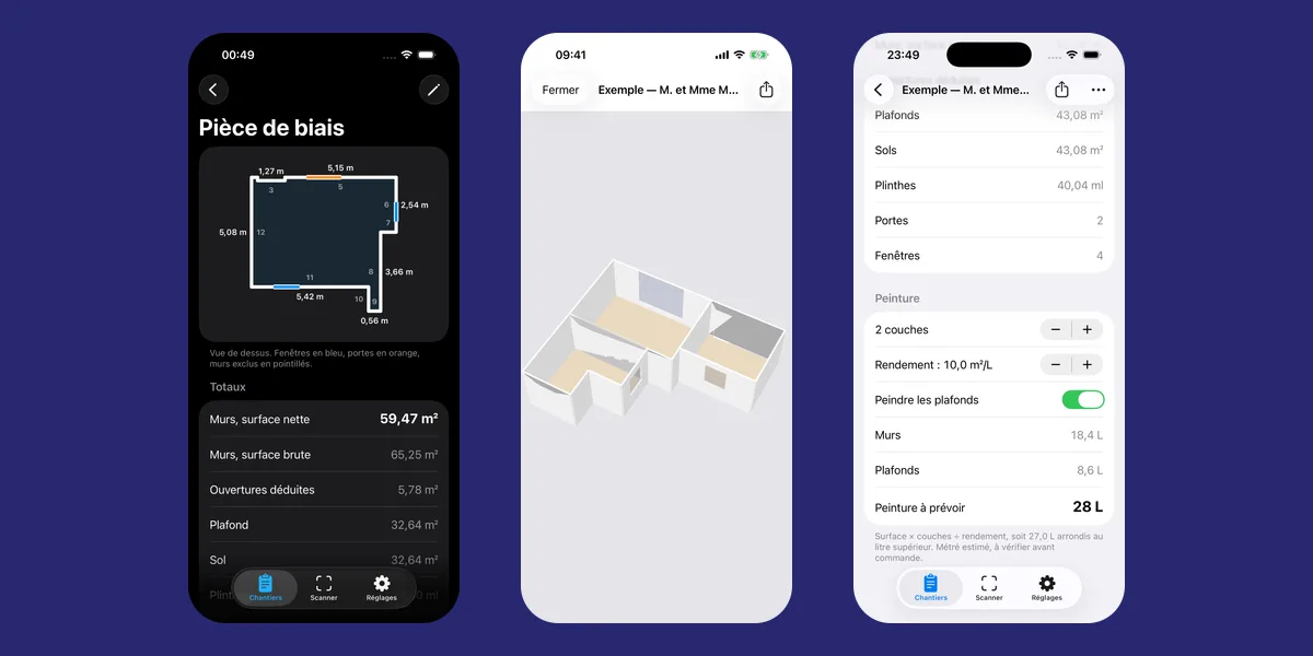 Toisé : le plan d’une pièce avec ses cotes, la maquette d’un logement et le calcul de la peinture à prévoir, sur trois écrans d’iPhone (données de démonstration).